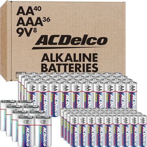 Powermax ACDelco 84-Count Alkaline Batteries, 40 Double AA, 36 Triple AAA, 8 Count of 9 Volt, Battery Combo Pack for Home and Office, Reclosable Packaging