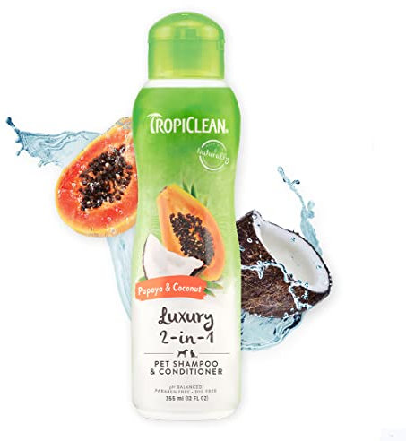 TropiClean Dog Shampoo - 2-in-1 Shampoo & Conditioner für Hunde und Katzen - Hergestellt aus natürlichen Inhaltsstoffen - Papaya & Kokosnuss, 355 ml