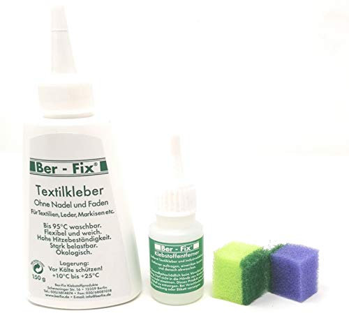 Ber-Fix Starter Set 150g Textilkleber waschmaschinenfest transparent kochfest bügelfest Plus 20g Klebstoff Entferner