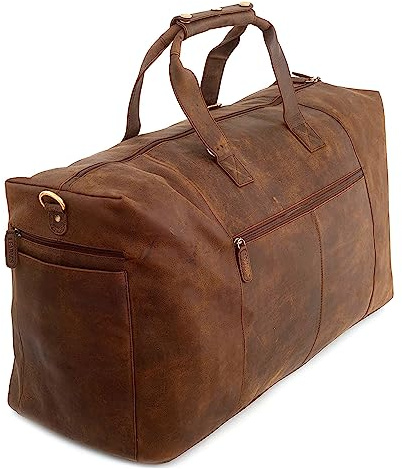 Leabags Bolsa de Fin de Semana Mujeres y Hombres | Bolsa de Viaje | Cuero Genuino de Primera Calidad | Bolsa Deportiva de 55 l | Bolsa de Gimnasio, Deporte | Avión | Grande | Marrón Oscuro Natural