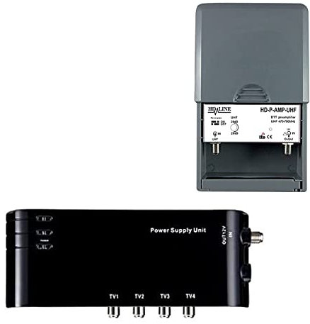 HD-LINE Kit4/1 – Preamplificador 4/1 TV Amplificador + alimentación 4 Salidas TV para Antena TNT Negro