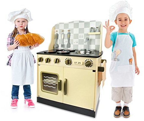 Leomark Große Kinderküche aus Holz Gold Vintage Spielküche für Jungen und Mädchen Holzküche für Kinder Spielzeugküche mit Zubehör Höhe 75 cm Rollenspiele Rollenspielküche