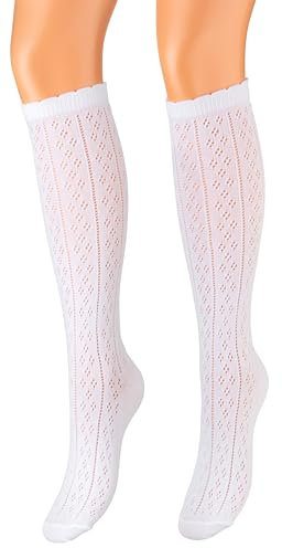 Piarini 39-42 1 Paar Dirndlstrümpfe Damen - lange Trachtenkniestrümpfe mit Häkellook - Trachtenstrümpfe aus Baumwolle lang weiß
