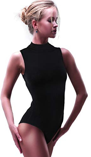 miorre Femme Body Col Roulé sans Manches Stretch Jersey Body (L/XL, Noir)