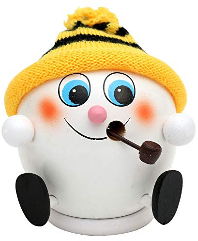 Dekohelden24 Süße Räucherfigur Schneeball mit Schwarz/Gelber Strickmütze