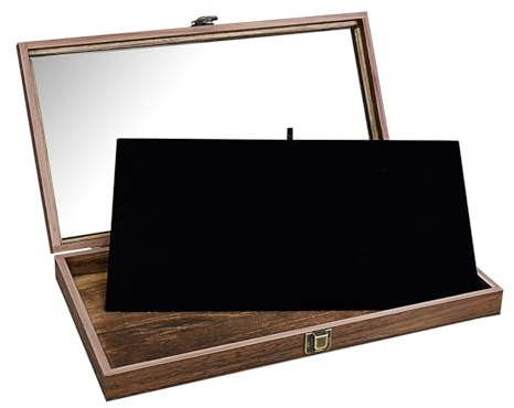 MOOCA Wood Jewelry Display Case with Tempered Glass Top, Black Velvet Pad