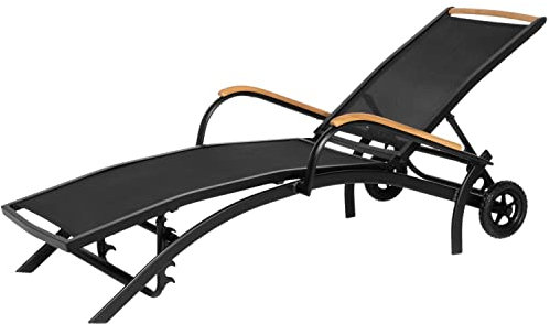 ib style - Diplomat Gartenliege mit Rollen | Rollliege Sonnenliege Designliege Gartenmöbel Aluminium mit Teak | Schwarz