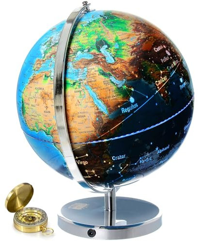 GET LIFE BASICS Illuminated Globe of the World with Stand - 13 Inch Tall 3in1 World Globe, Constellation Globe Night Light, and Globe Lamp with Built-In LED, Easy to Read Texts, and Non-Tip Base