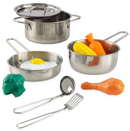 KidKraft Set di Pentole e Padelle Giocattolo in Metallo Deluxe per Bambini, Giochi di Imitazione con Cibo Giocattolo, Set Giocattolo da Cucina, Accessori Cucina Bambini, 63186