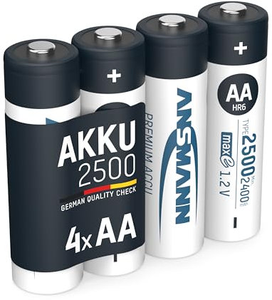 Ansmann 5035442 - Pack de 4 Pilas Recargables (NiMH, maxE+, Mignon AA, Tipo 2500 mAh), Gris