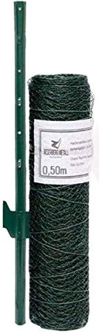 valla de Tela Metálica hexagonal + Postes | Rollo 10m | Altura tela metálica 0,5m | Malla 25x25mm | Incl 8 Postes altos 80cm | malla metálica con revestimiento de PVC verde para animales y plantas