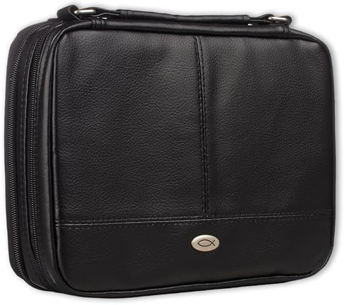 Christian Art Gifts Faux Leather Bible Cover for Men and Women | Ichthus Jesus Fish Emblem Zippered Two-Fold Organizer Case for Bible or Book w/Handle