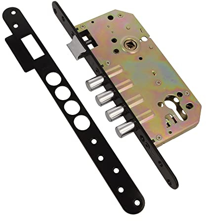 Amig - Cerradura de Embutir Con Bulones para Puertas de Madera Mod. 101-50/85 mm - Con Cilindro y Escudo de Seguridad - Picaporte Reversible - Acero Acabado en Negro