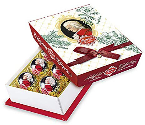 Reber Echte Reber Mozart-Kugeln, Weihnachts-Edition, Pralinen aus Zartbitter-Schokolade, Marzipan, Nougat, Ideales Weihnachtspräsent, 4 x 6er-Packungen