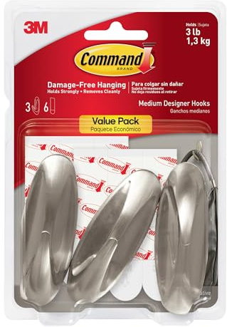 Command Medium Designer Hooks, Brushed Nickel, 3-Hooks, 6-Strips, Decorate Damage-Free