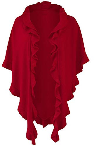 Poncho Cape Trachtentuch Umhang Stola Schultertuch Trachten-Tuch Damen Strickponcho Tracht Strick Trachtenponcho gestrickt Überwurf Volants Rüschen Schal Cashmink, Rot, Einheitsgröße