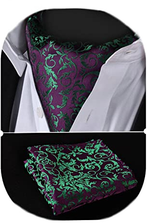 HISDERN Pour des hommes Jacquard floral Tisse Ascot Set & Carre de poche Cravate Vert/violet