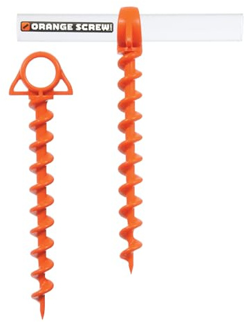 Orange Screw Ultimate Ground Anchors: Heavy Duty Screw-in Tent Stakes for High Wind, Sand, Canopies, and Camping - Made in USA, Included T-Grip Tool - (Large, 2 Pack, Orange)