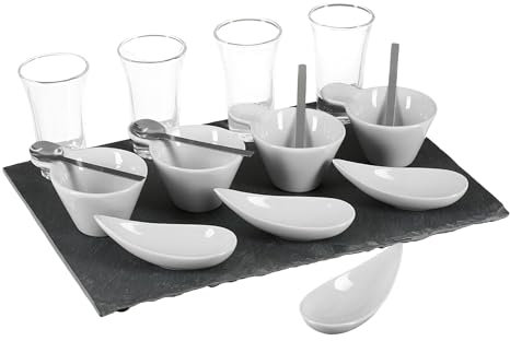 SG Secret de Gourmet Servicio de Aperitivo de 17 Piezas en Pizarra, Porcelana, Negro, Blanco, 32x22x9,8