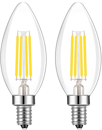 Lamsky E14 Base LED Filament Candle Shape Light Bulb,E14 European Base Bulb,Daylight 6000K 400LM 40W Equivalent,C35 Clear Glass Torpedo Shape Bullet Top,No-Dimmable (2-Pack)