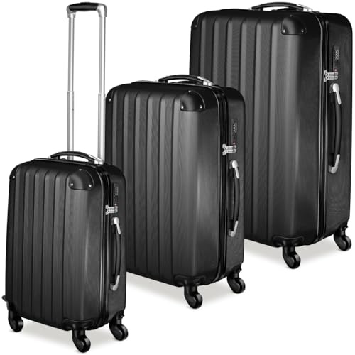 tectake® Set Valigie Trolley Rigide, 3 Pezzi, Grande, Medio, Bagaglio a Mano, Ruote Girevoli a 360°, Struttura ABS Robusta, Maniglie Telescopiche in Alluminio - Nero