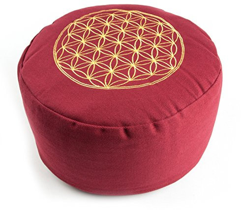 TEMPELWELT Yogakissen Meditationskissen Blume des Lebens 30 x 15 cm rund, Bezug Baumwolle rot abnehmbar, Füllung Buchweizenspelz, Sitzkissen Yoga Kissen Bolster Jogakissen