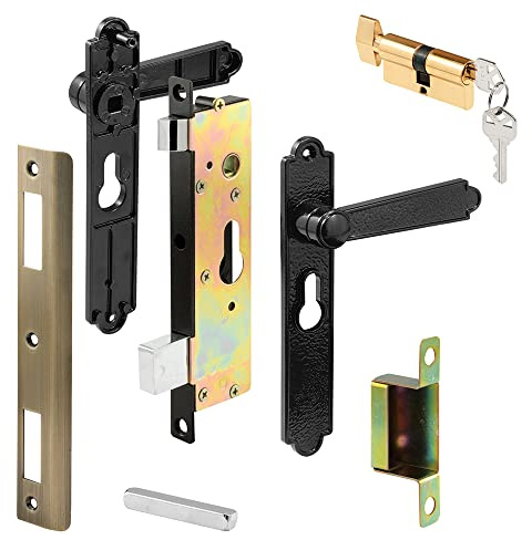 Prime-Line K 5092 Steel and Diecast Security Door Keyed-Locking Mortise Handle Set for Security Screen Doors, 6-3/4 Inch Mounting Hole Centers, Black, Set of 1