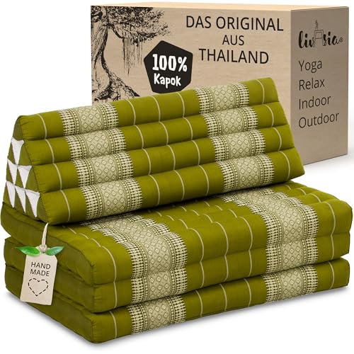 livasia Thaikissen 3 Auflagen für Paare XXL - 190x80x8cm - Dreieckskissen Klappmatratze, extrabreit Kapok, Rückenkissen faltbar, Thaimatte zum Klappen, Meditationskissen (Grün)