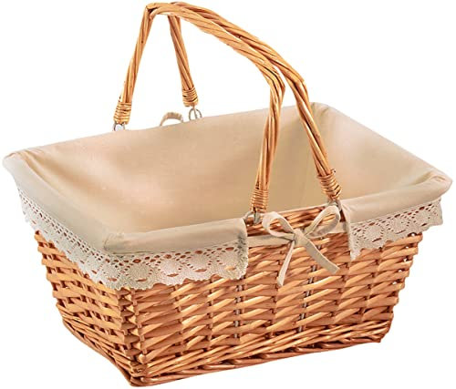 Kobolo Klappbügelkorb Weidenkorb mit Klapphenkeln eckig Textilfutter mit Häkelborte - braun - 40x30x19/34H cm