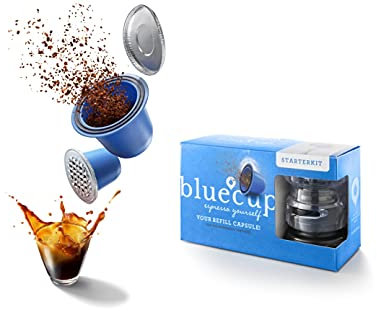 BLUECUP Reusable Capsules Nespresso, Refillable Pods Compatible with Nespresso Machines (Original line), Durable, Starter Pack [2 Reusable Capsules + 100 lids + 1 pod Sealer + 1 Spoon]