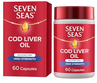 Seven Seas High Strength Cod Liver Oil Tablets With Omega-3, Fish Oil, Gelatine Free, EPA and DHA, Plus High Strength Vitamin D, 60 Capsules