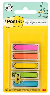 Post-it Index Arrows Transparent case, Luminous Colours: red, Blue, Yellow, Green, Purple, 11.9 x 43.2 mm, 5 x 20 Adhesive Strips.