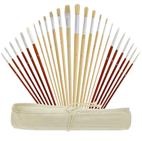 U.S. Art Supply 24-Piece Oil & Acrylic Artist Paint Brush Set with Long Handles, Canvas Brush Organizer Holder Roll-Up - Round, Flat Tips, Use for Painting Portraits, Canvas, Paper - Students, Adults