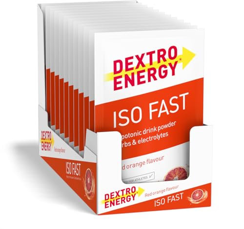 DEXTRO ENERGY ISO FAST RED ORANGE (12x56g Sachets) - Hypotones Elektrolyt Pulver mit Natrium, Magnesium, Kalium und Chlorid, schnelle Kohlenhydrat und Mineralstoff Versorgung, Glutenfrei, Laktosefrei