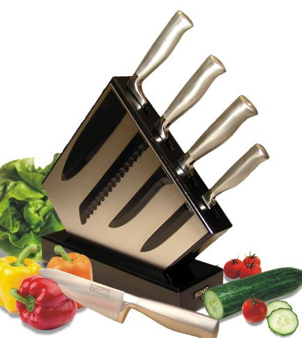 Ceppo magnetico di design Premium Plus, in legno di faggio nero con acciaio inox, 5 pezzi