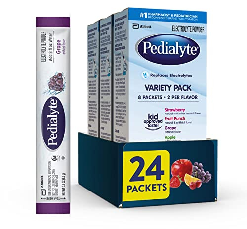 Pedialyte Electrolyte Powder, Hydration Drink for Kids & Adults, Variety Pack: Strawberry, Fruit Punch, Grape, and Apple, 24 Powder Packets