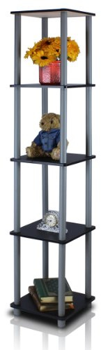 Furinno TURN-N-TUBE Storage Shelves, 5-Tier Square Book Shelf, Corner Shelf, Toolless Open Shelves, Round Tubes, for Organization and Storage, Living Room, Garage, Home Office, Black