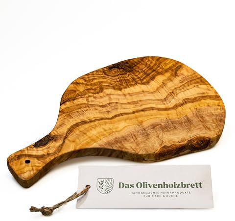 DAS OLIVENHOLZBRETT® Schneidebrett mit Griff in Naturform, Servierbrett aus Olivenholz unregelmäßig geformt mit Griff/Griffbrett Olivenholz / 35cm