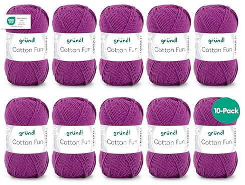 Gründl Wolle Cotton Fun - Wolle zum Häkeln - Strickgarn - Häkelgarn - Pflegeleicht und hautfreundlich - 100% Baumwolle - 10 Knäuel 50 g / 115 m - Nadelstärke 3-4 - Purpur