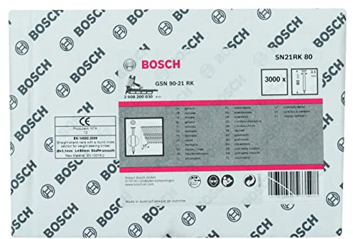 Bosch 2 608 200 030 - Chiodi in stecca con testa tonda liscia SN21RK 80, lucidi, 3,1 x 80 mm, 3000 pezzi
