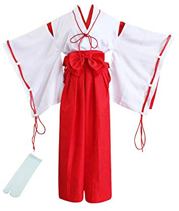 TOKYO-T Kikyo Cosplay Miko Costume Red and White Japanese Kimono with Tabi Socks (L, tag:XL)