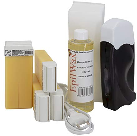 EpilWax - Kit Chauffe Cire Épilation Professionnelle avec 4 x Recharges Roll on Cire à la Vanille, 100 x Bandes d'Épilation et Huile après Épilation - Gamme Solo Black