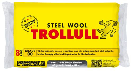 TROLLULL Lana d'acciaio | Filo di lana fine 00 può essere utilizzato per carteggiare legno, pulire tende in plastica e mobili da giardino e lucidare alluminio, 8 cuscinetti da 200 g
