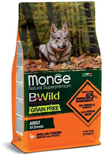 Monge BWILD Adult Duck with Potatoes (Anatra con Patate) Cibo Secco per Cani per tutte le Razze a Basso Contenuto di Cereali, Contenuto: 2,5 kg