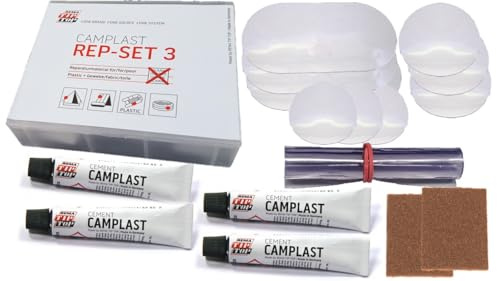 PVC & PU-REPARATURSET CAMPLAST MAXI REP-SET 3, Wasser-& UV-beständiges Flickzeug für Schlauchboot Zelt Pool Gewebe Plane Markise Isomatte Luftmatratze aus Vinyl, PVC, PU bis 60 °C wärmestabil