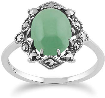 Gemondo 925 Argent Art Nouveau Vintage Inspiré Jade Vert & Marcassite Bague