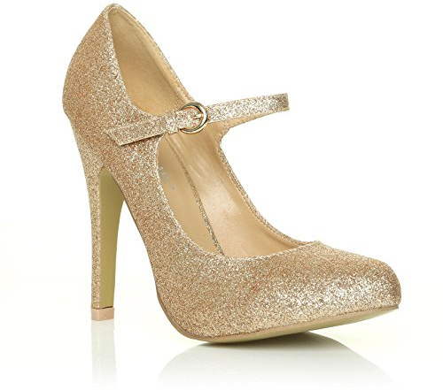 New Womens Ladies HIGH Heel Mary Jane Ankle Strap Court Shoes Size 3-8 Gold Glitter