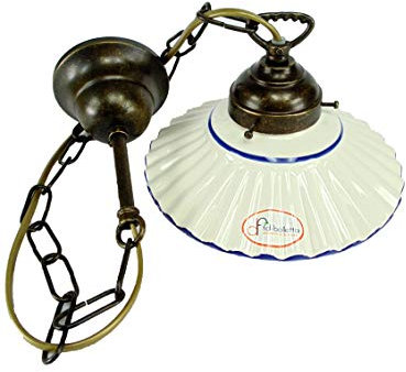 Lampadario ottone brunito stelo a catenella sospensione una luce stile liberty con vetro ceramica bordato blu l1027 Misure:H 70cm,Ø vetro 19cm.Le misure sono con vetro.Attacco Edison E 27