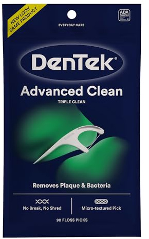 DenTek Triple Clean Advanced Clean Floss Picks, No Break & No Shred Floss, 90 Count, White