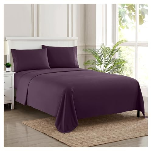 Sweet Home Collection Luxury Bedding Set with Flat, Fitted Sheet, 2 Pillow Cases, Microfiber, Purple, California King